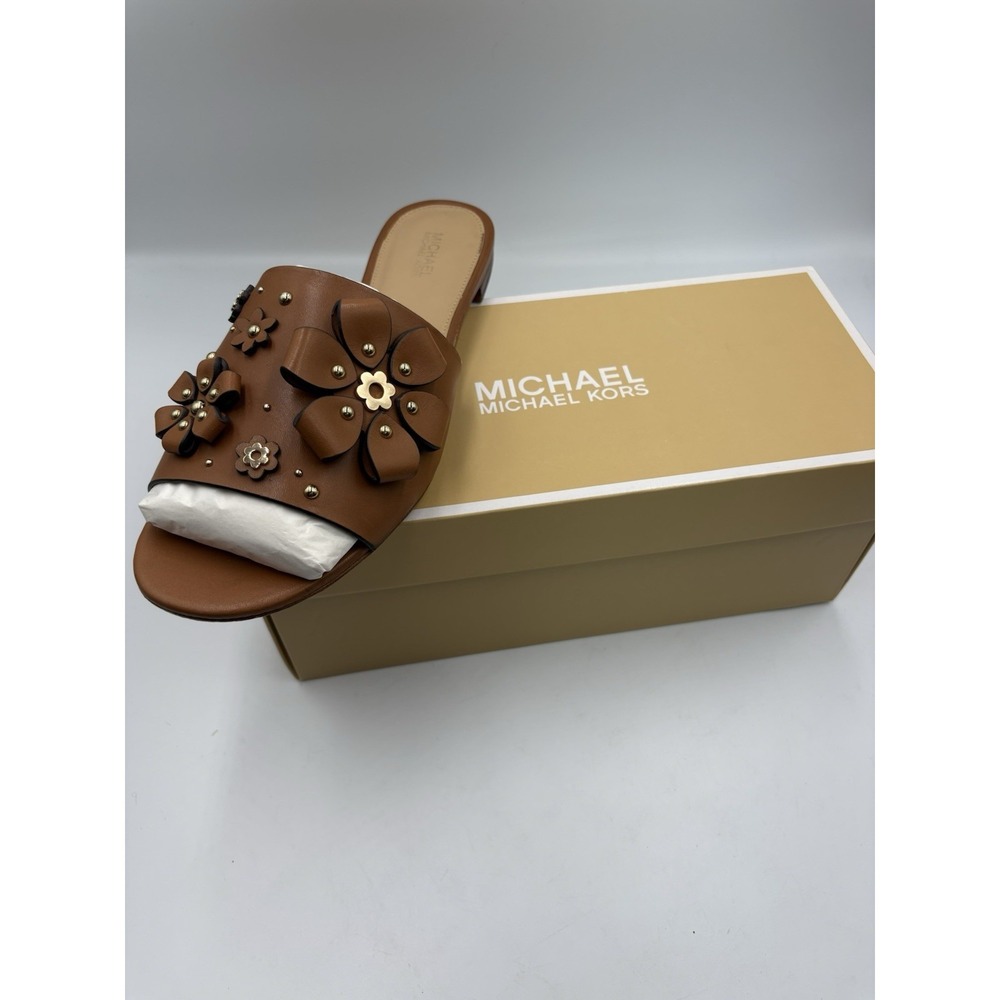 MICHAEL Michael Kors Women's Slide Sandals Brown Leather Floral Studded 7.5M
